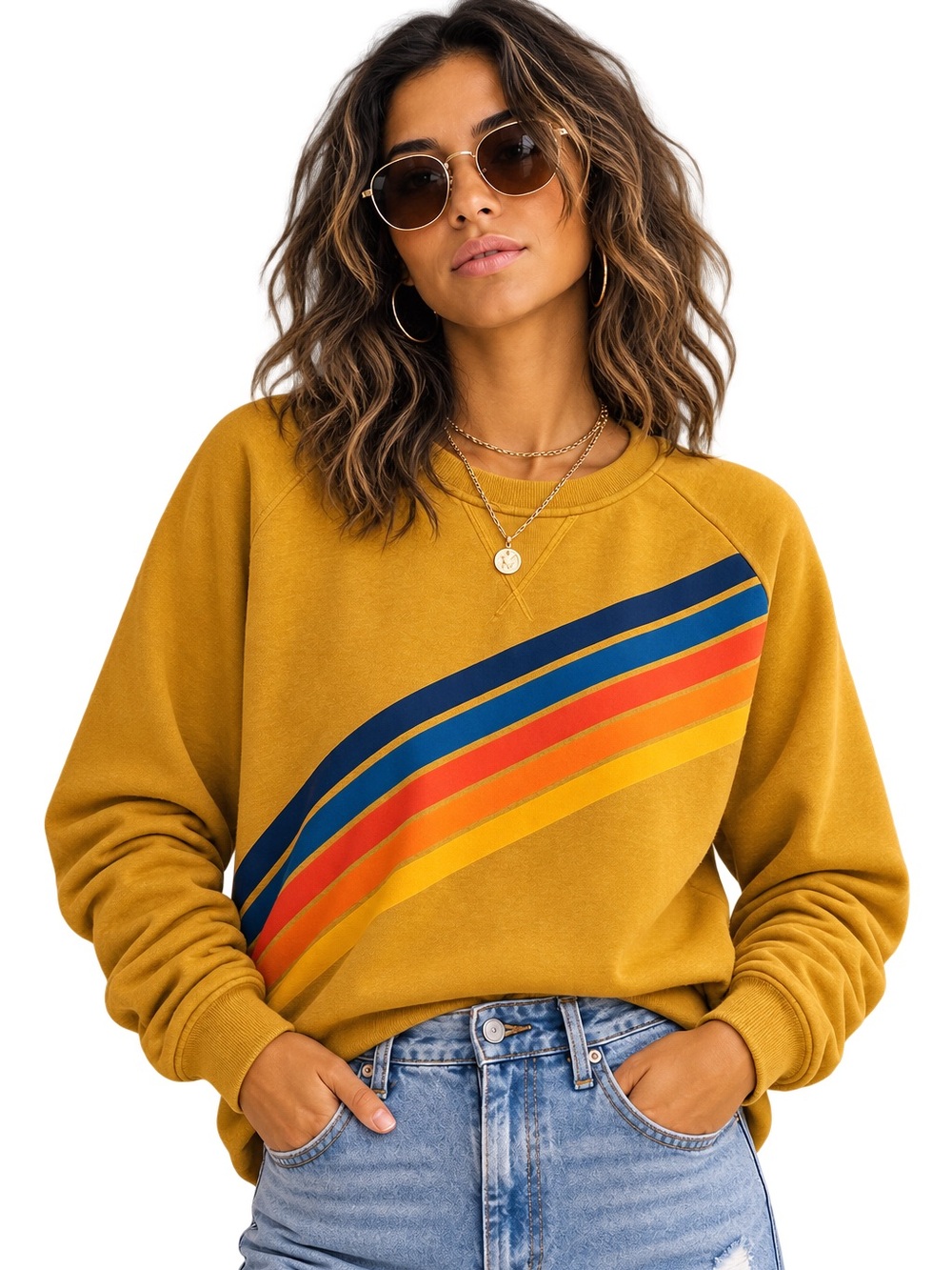 Aviator Nation Unisex 5-Stripe Honey Disco Crewneck Sweatshirt, Retro, Rare, M
